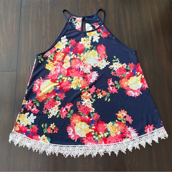 Sweet Wanderer Navy with Bright Coloured Floral Print Tank Top with Crochet Hem - Picture 5 of 11